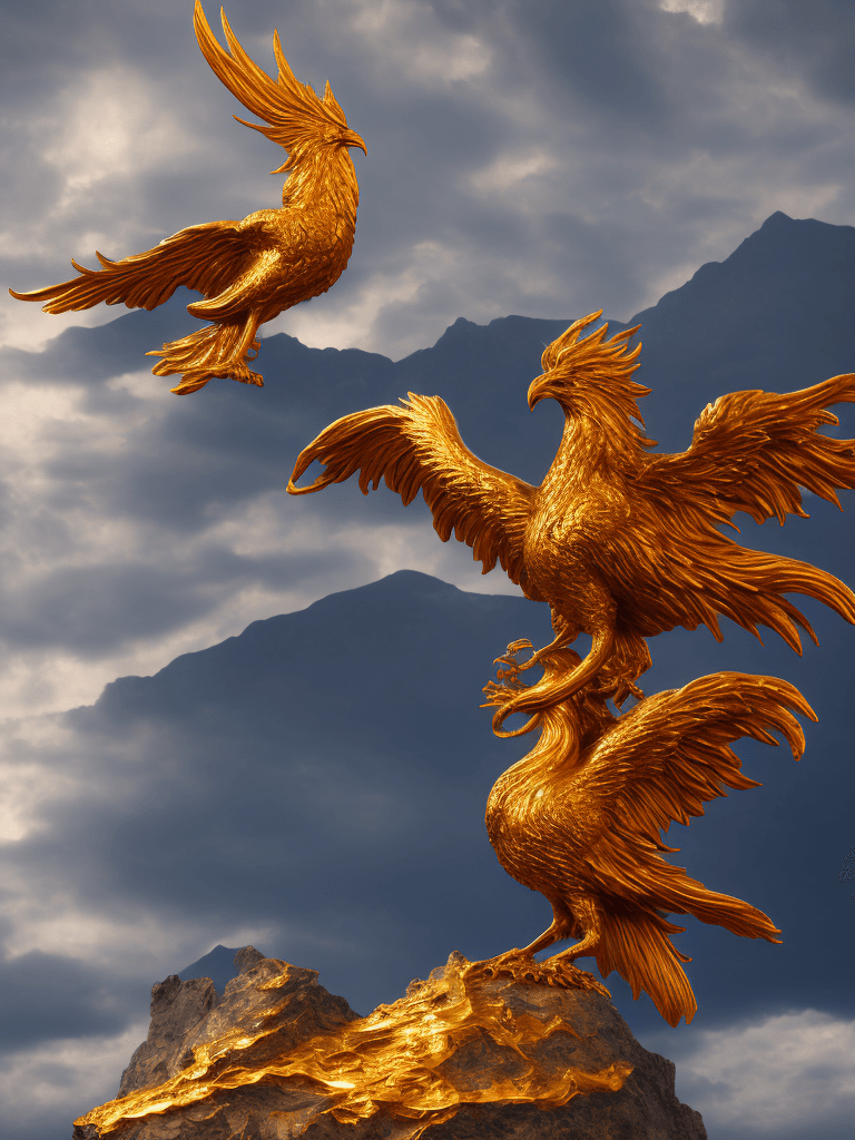 AI generated: A majestic phoenix with vibrant plumage, its fiery wings spread wide, golden feathers illuminating a...