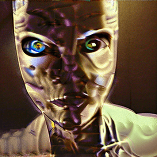 AI generated: The image features a futuristic, an alien with blue eyes, standing in a dark environment. The alien ...