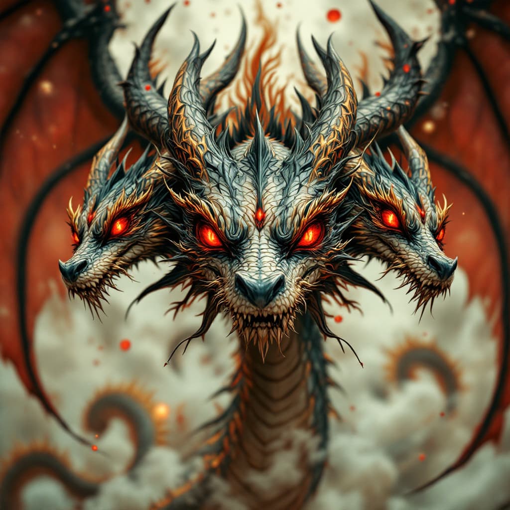 AI generated: un dragon à 3 tête avec une multitude d'yeux rouge sur chacune d'elle 