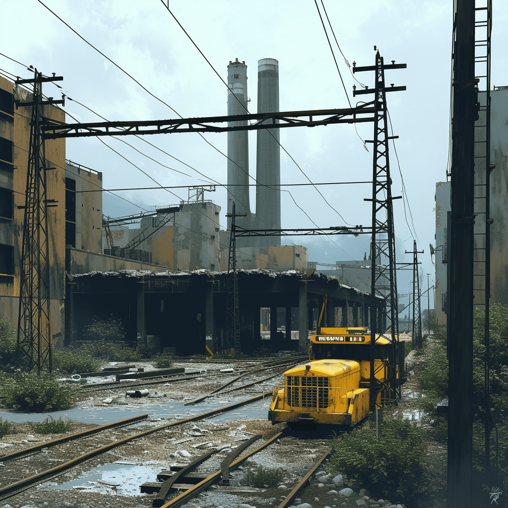 AI generated: fuse Simon Stalenhag's futuristic vision with elements of madness and visual distortion, garish buil...