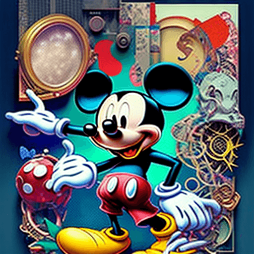 AI generated: Mickey Mouse, collage art, mixed media, enchanting, part by james jean, part by ross tran, dramatic ...
