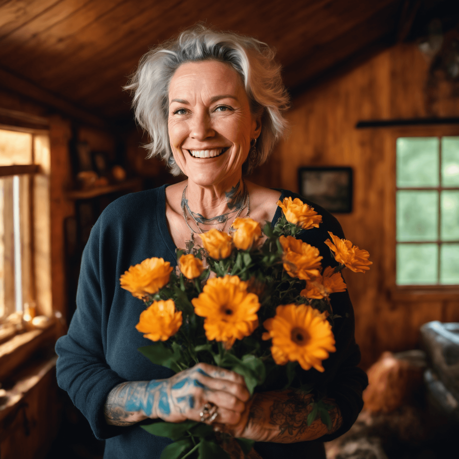 AI generated: high fashion photo of a middle-aged woman with fair skin and a friendly smile, striking tattoos, hol...