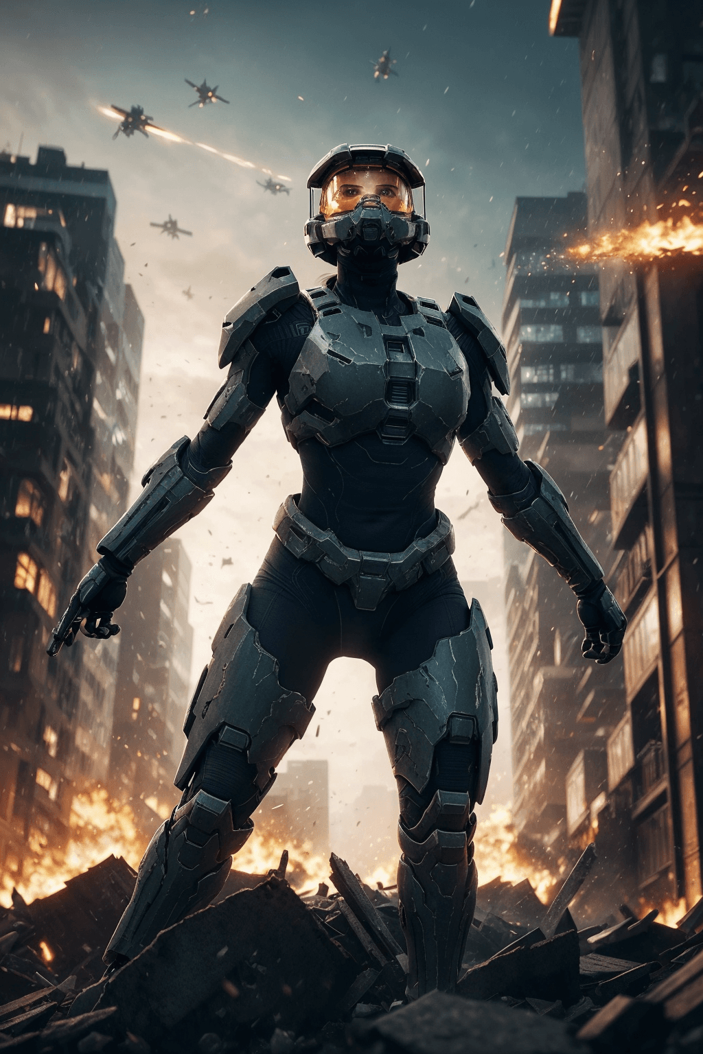 AI generated: character portrait of a big bulky female warrior in halo spartan armor in a desolate cyberpunk waste...