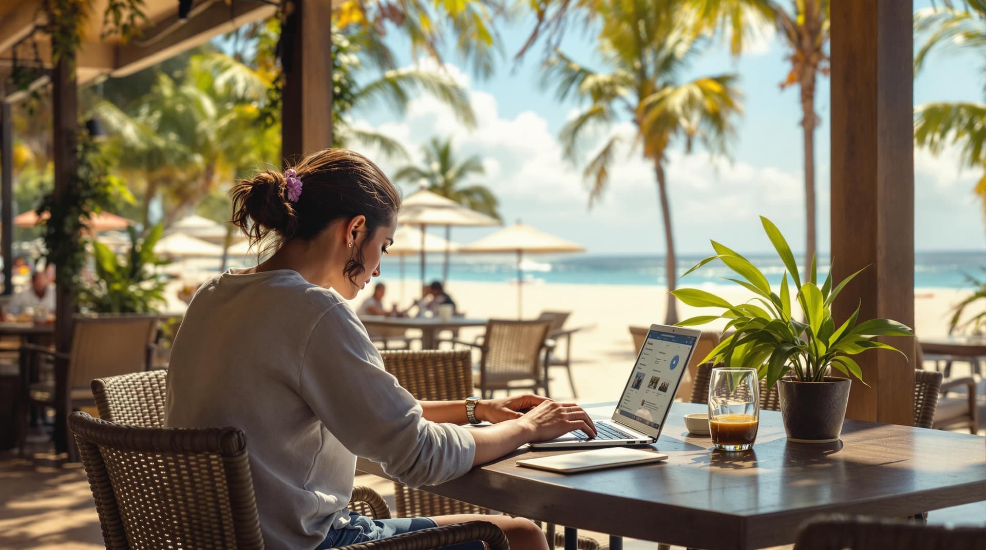 AI generated: A person working on a laptop at a beachside café, tropical setting, relaxed atmosphere, ultra-realis...