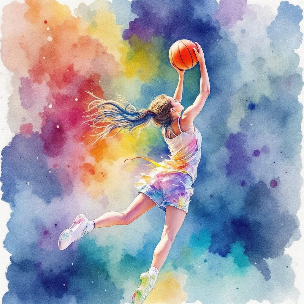 AI generated: Watercolor painting of a beautiful girl playing basketball