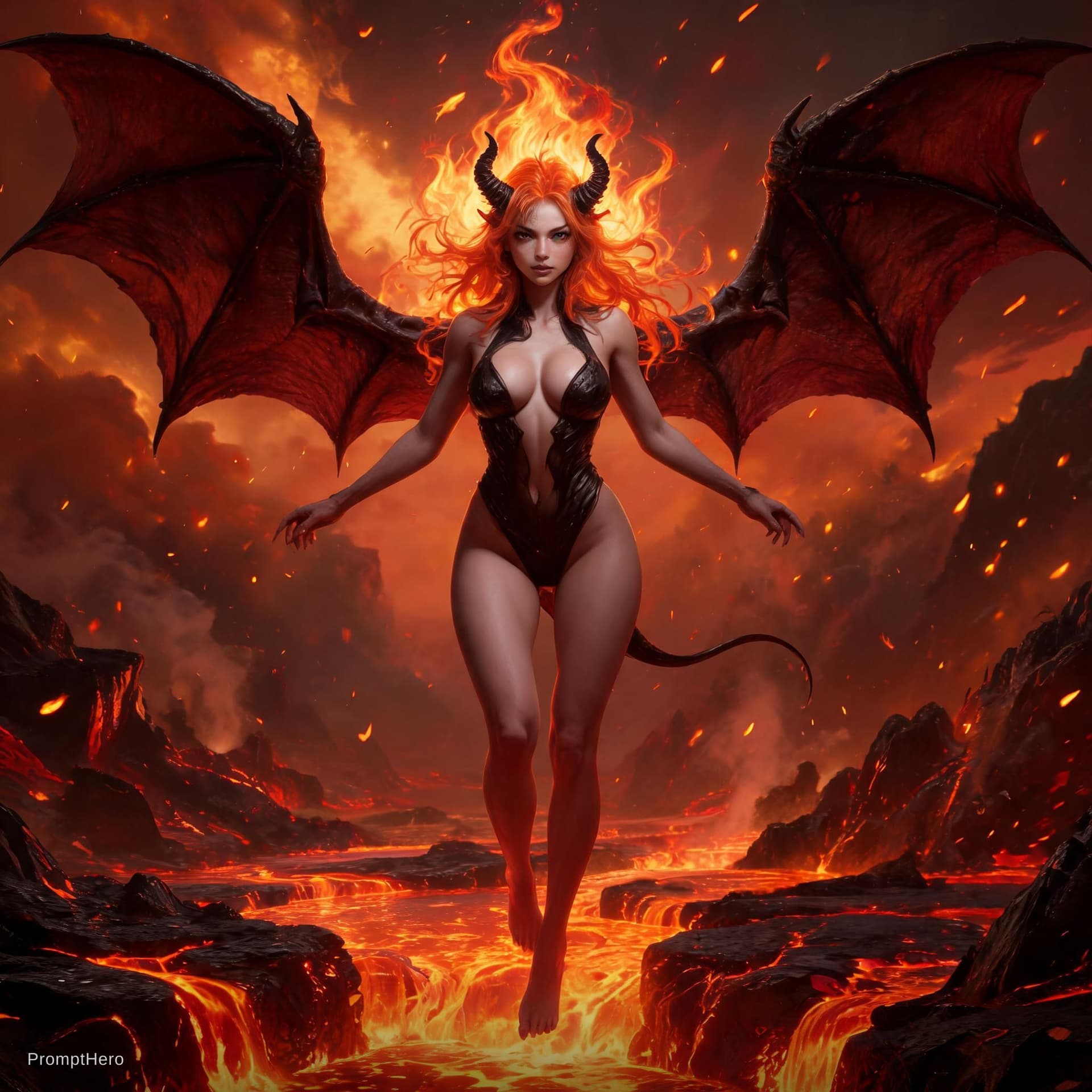 AI generated: fish like skin, Perfectly-centered photograph of a real life female succubus  ((demon)) with batwing...