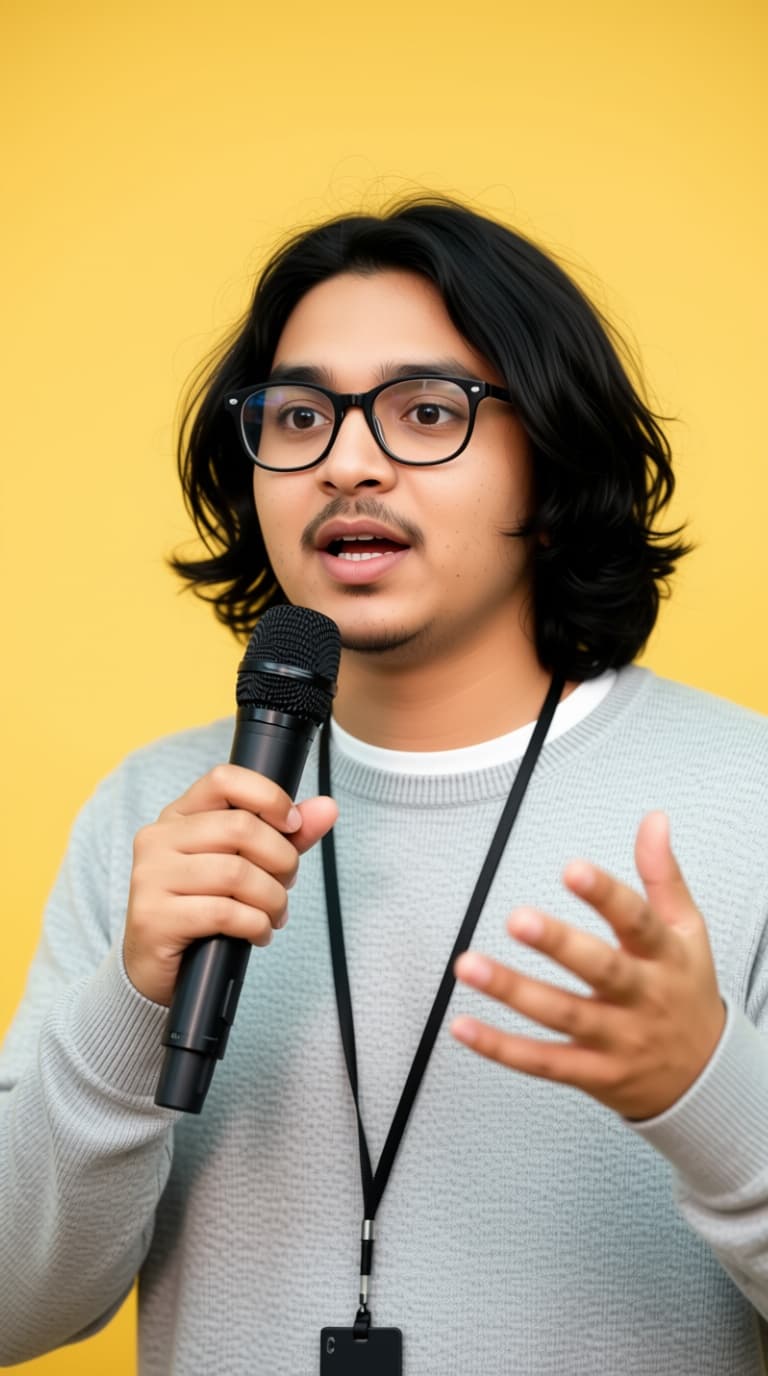 AI generated: A charismatic speaker is captured mid-speech. He has long, tousled black hair that's slightly messy ...