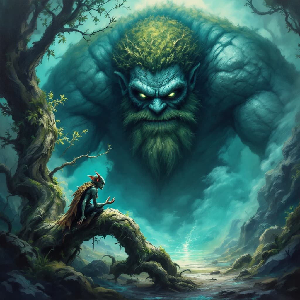 AI generated: A mesmerizing fantasy oil painting composed entirely in nuanced shades of turquoise, depicting an un...