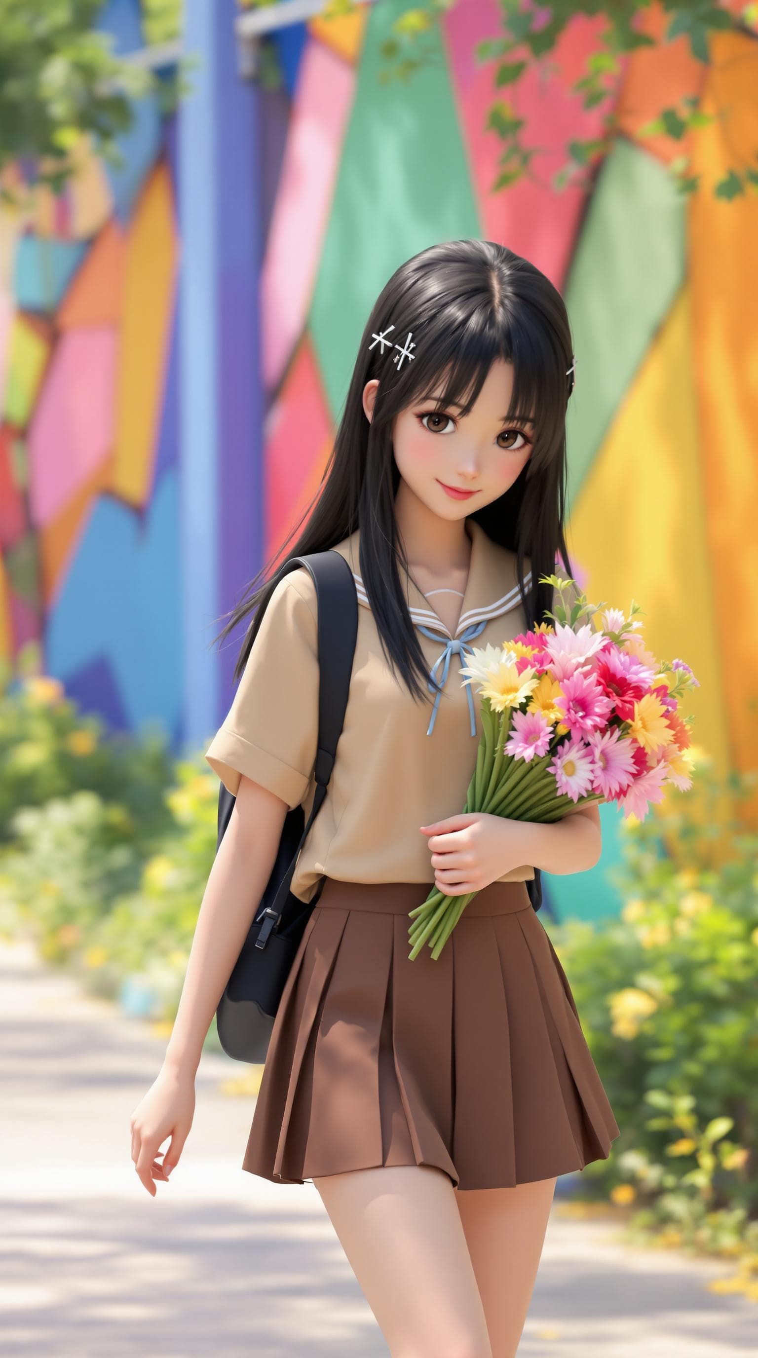 AI generated: In the image, a 3D animation is seen walking outdoors, Lowering the face to the side right down, hol...