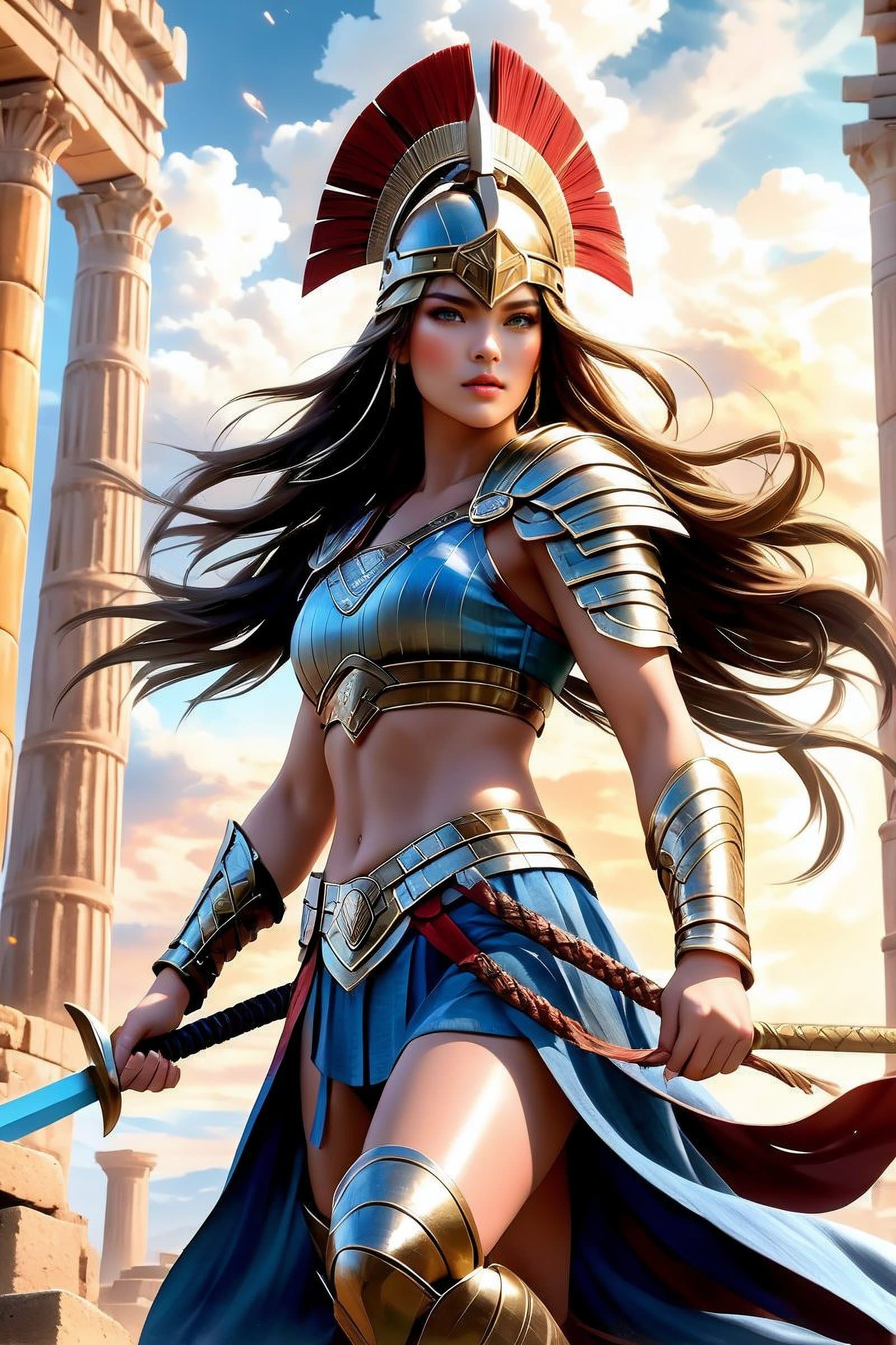 AI generated: warrior woman thin athletic (robes pants boots:1.1) (fighting:1.1) stance arena ancient ruins beauti...