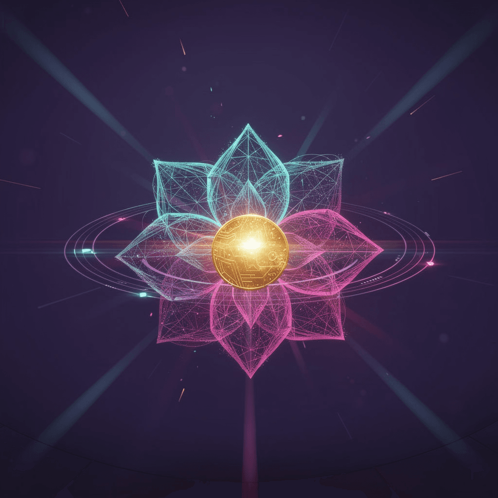 AI generated: dramatic token creation chamber, dark purple void with central luminous event, 
geometric lotus flow...