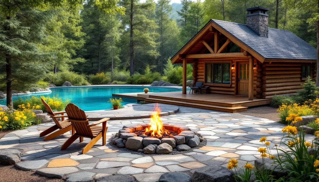 AI generated: Tranquil log cabin nestled beside a vibrant turquoise pool. Rustic wooden log cabin with dark gray r...