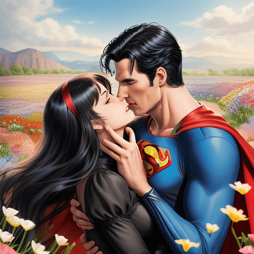 AI generated: Romance illustration, Superman and Black Cat sharing a passionate kiss, romance book, Wild west, set...