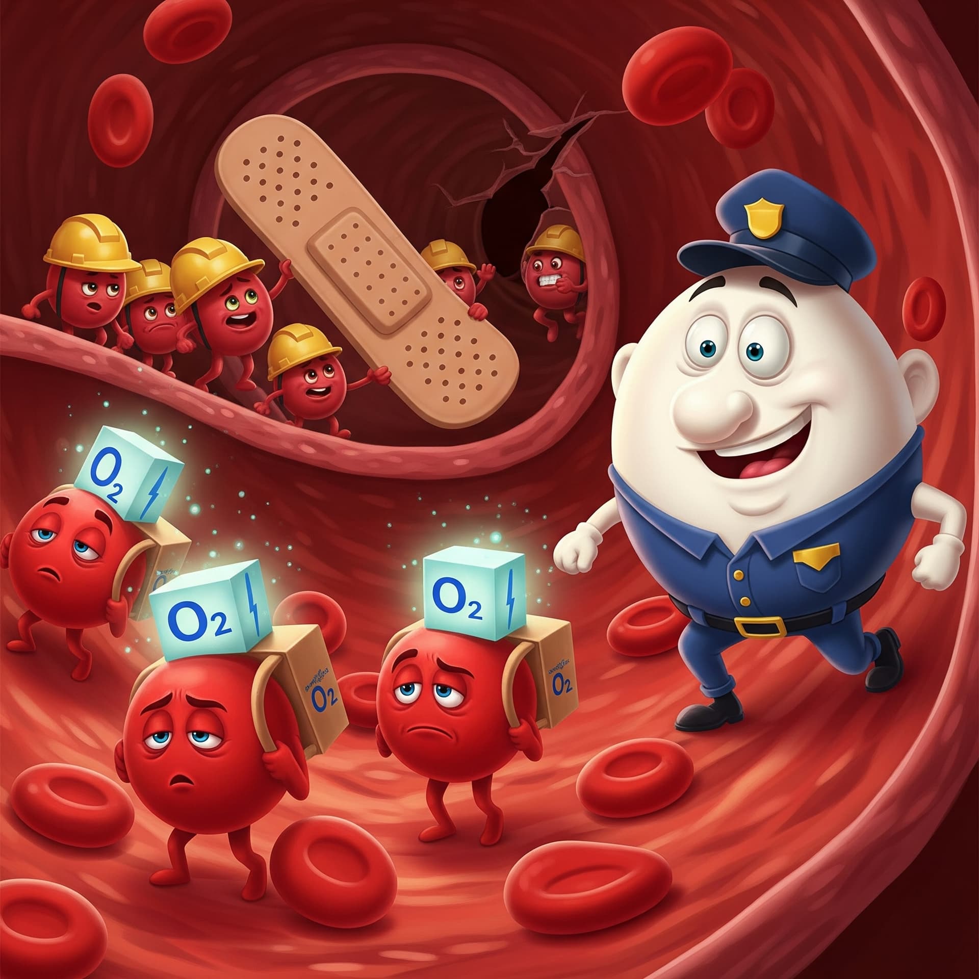 AI generated: A funny and educational cartoon scene inside a human blood vessel. Anthropomorphic red blood cells, ...