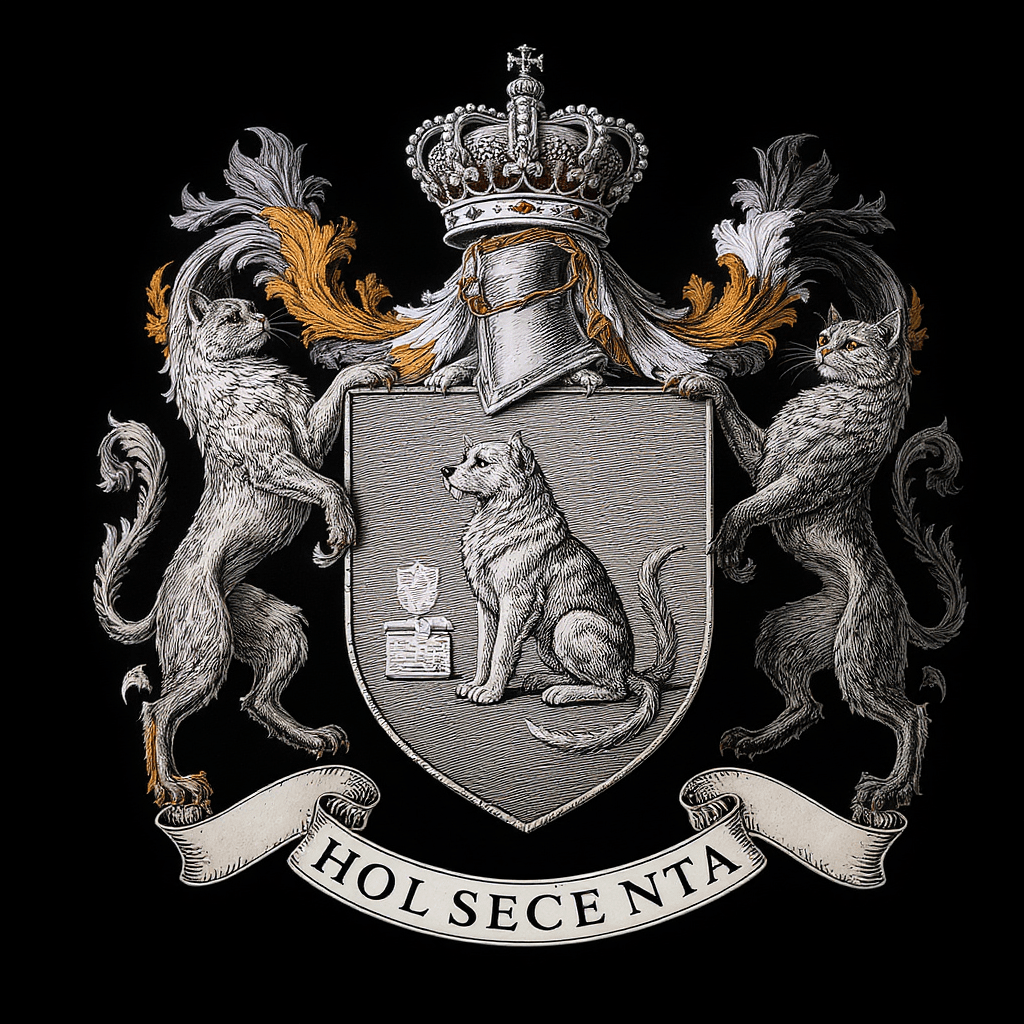 AI generated: Coat of arms with a dog, cats, and crown in the style of an old coat of arms with very detailed engr...