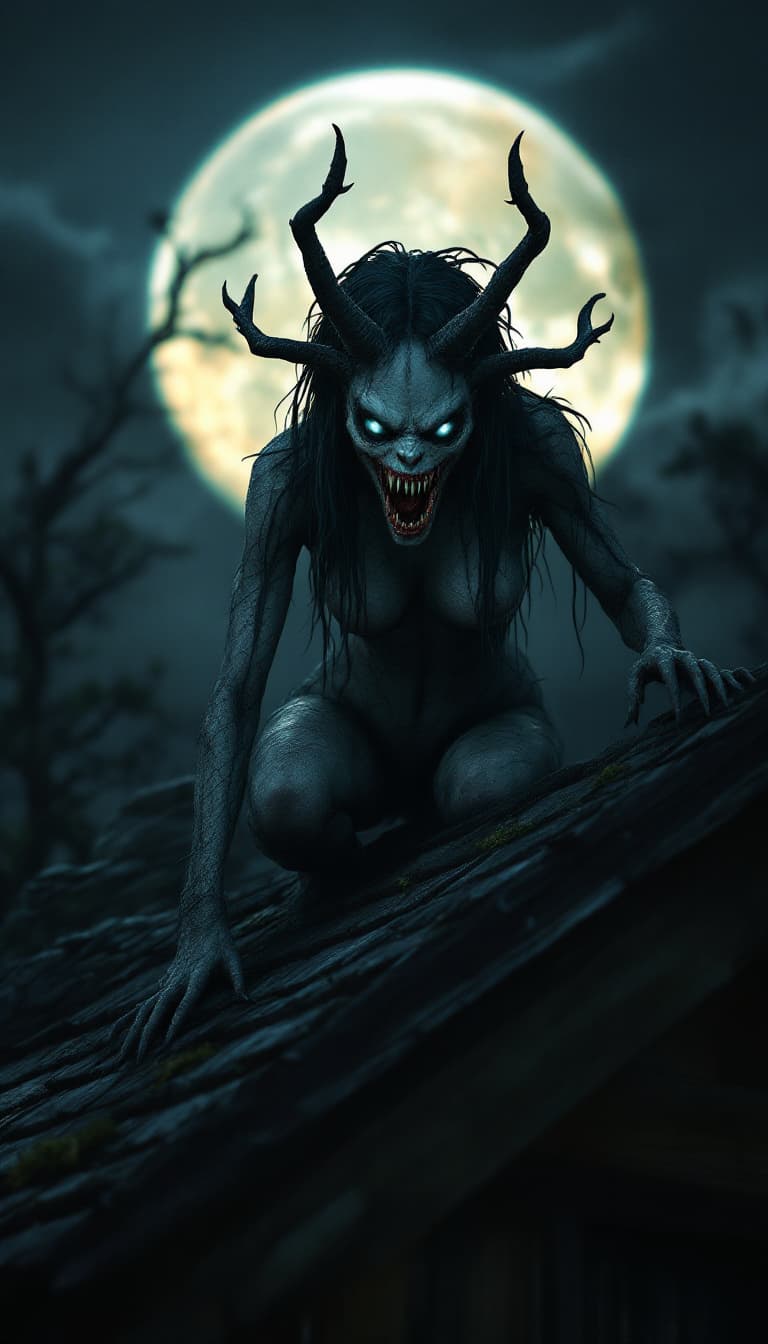 AI generated: Aswang, female scary creature with fangs, at the roof of a house, full moon in the background, dark,...