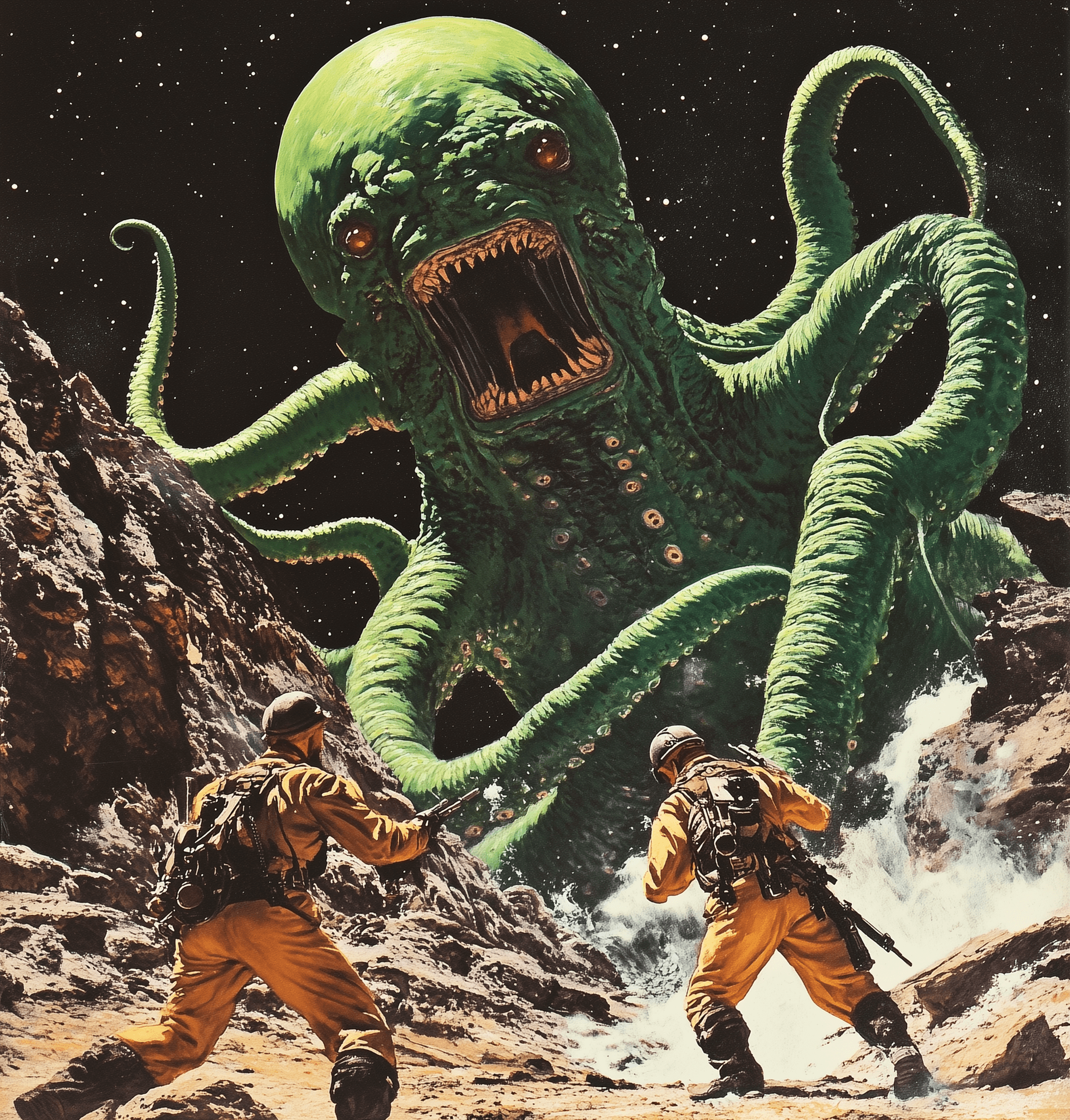AI generated: A green tentacle monster attacking two space adventurers, in the style of Maxfield Parrish and Moebi...