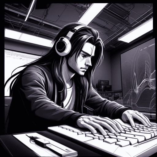 AI generated: male, long hair, typing on keyboard, wearing headphones, looking towards viewer, active pose, anime,...