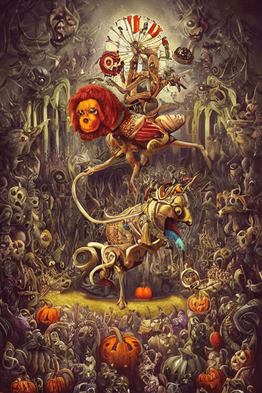 AI generated: The Great Hyperrealistic Of The Circus Show At halloween Night By Greg Simkins and CRAOLA ,Dulk , Tr...
