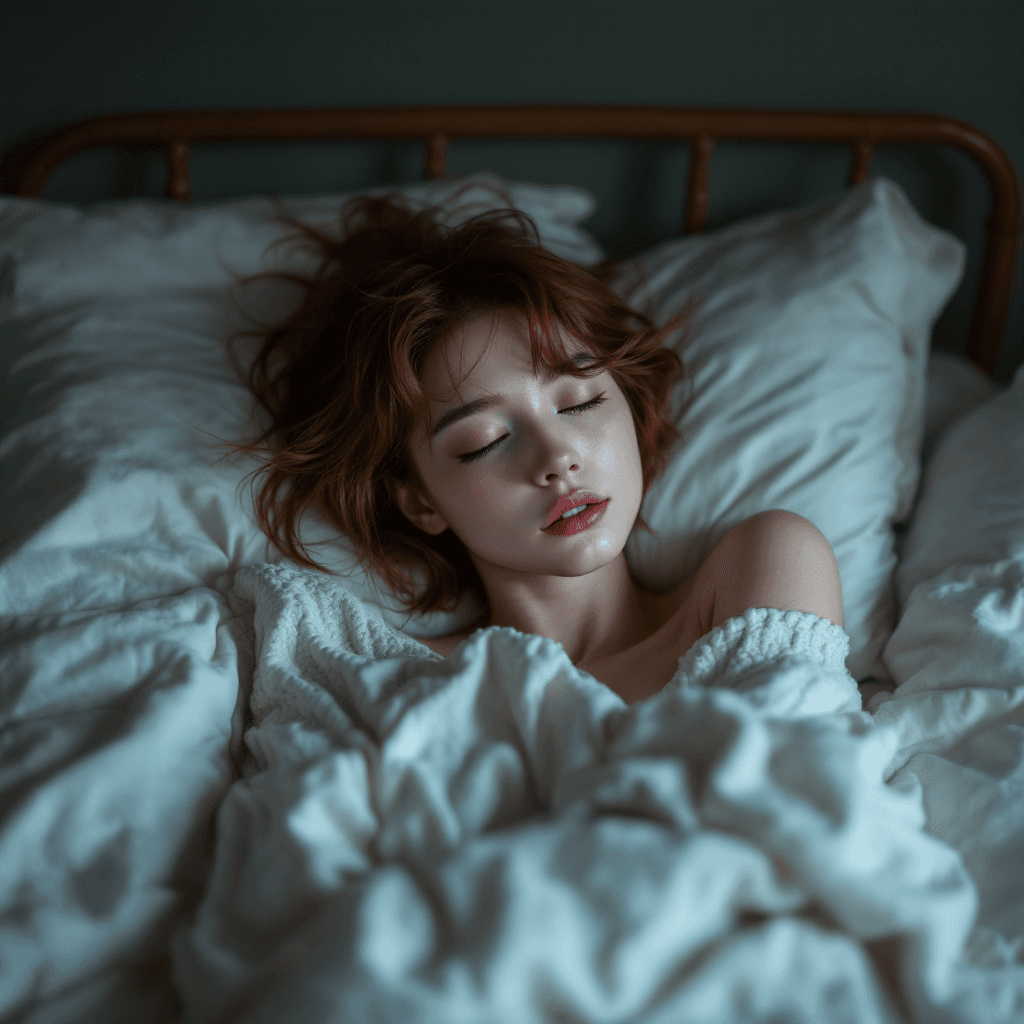 AI generated: female,short auburn hair, moody photo from behind, beautiful skinny 20 year old korean girl sleeping...