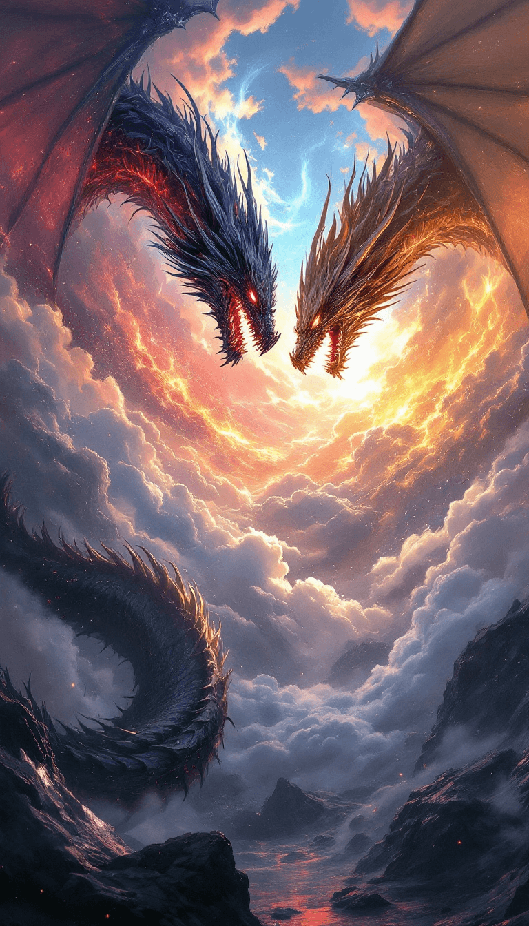 AI generated: Fierce battle in the sky between two dragons --chaos 75 --ar 1:2 --style raw --profile rsy6uq9 --sty...