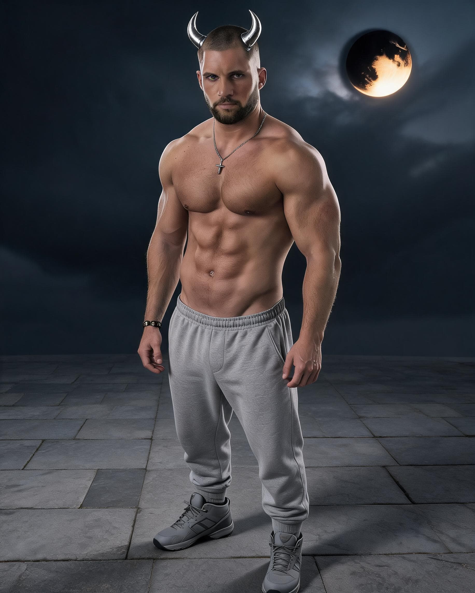 AI generated: a muscular man with brown hair and black facial hair shirtless with loose grey training pants, and g...