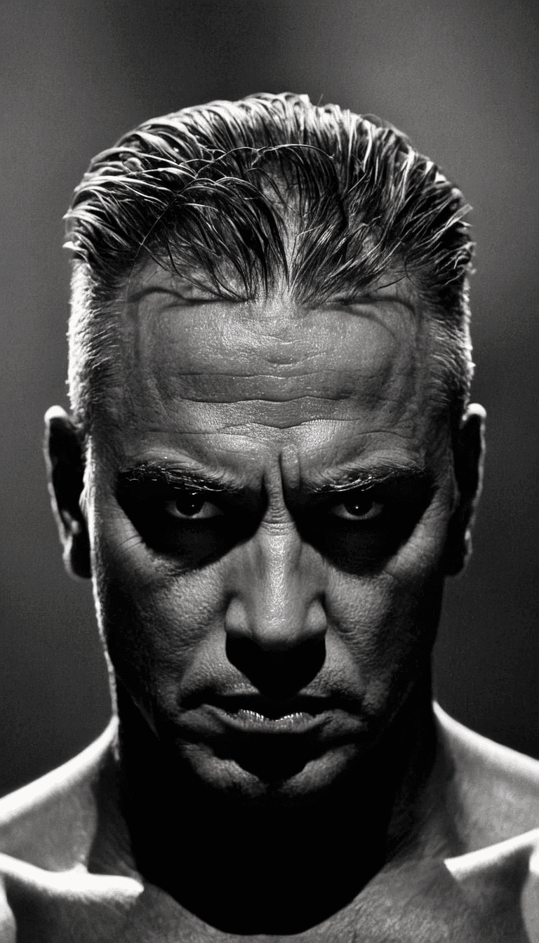 AI generated: black and white photography, fashion editorial, portrait of a short haired brutal man in studio soft...