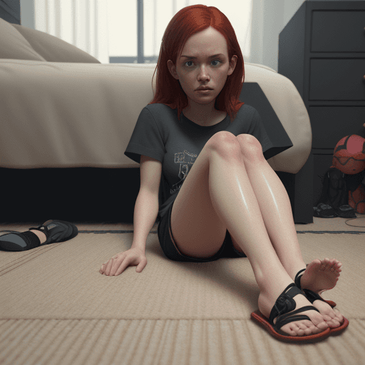 AI generated: POV:(looking up from carpet at girl), subject:(1 woman, redhead) clothes:(sandals, shorts, simple sh...
