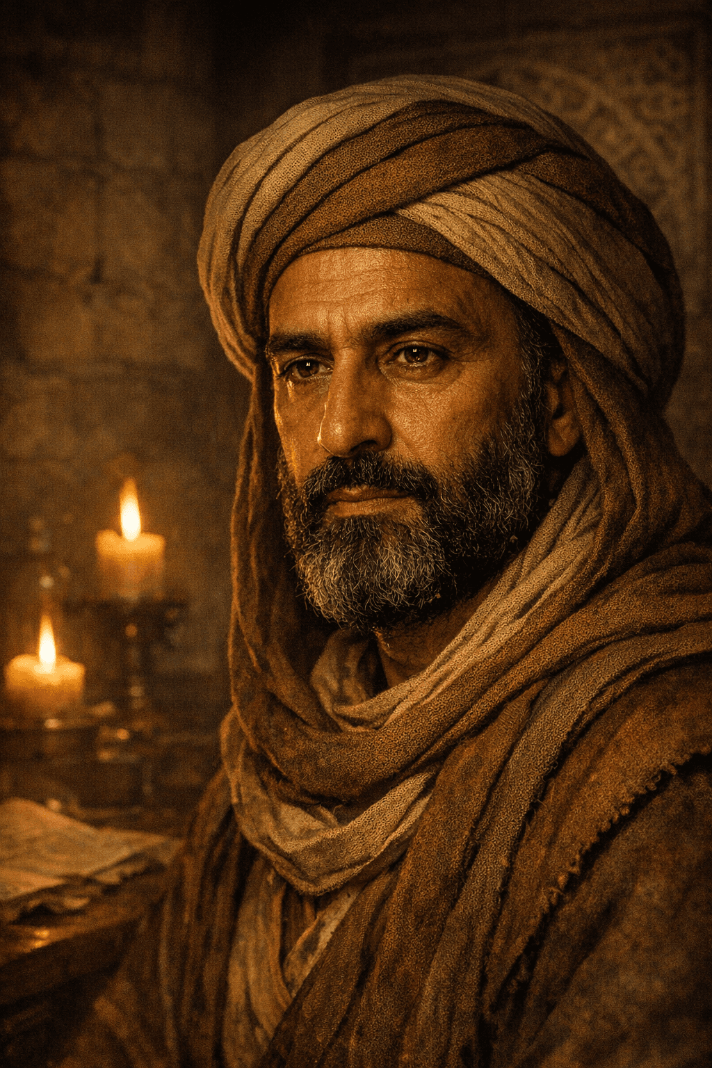 AI generated: Hyper-realistic cinematic close-up portrait of Ibn Khaldun (Ibn Jaldún), 14th-century Arab historian...