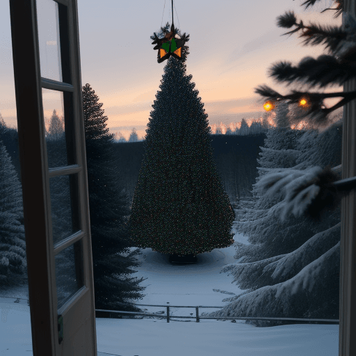 AI generated: view from a window on evening forest, hundreds Christmas trees, lights on all the trees, people hang...