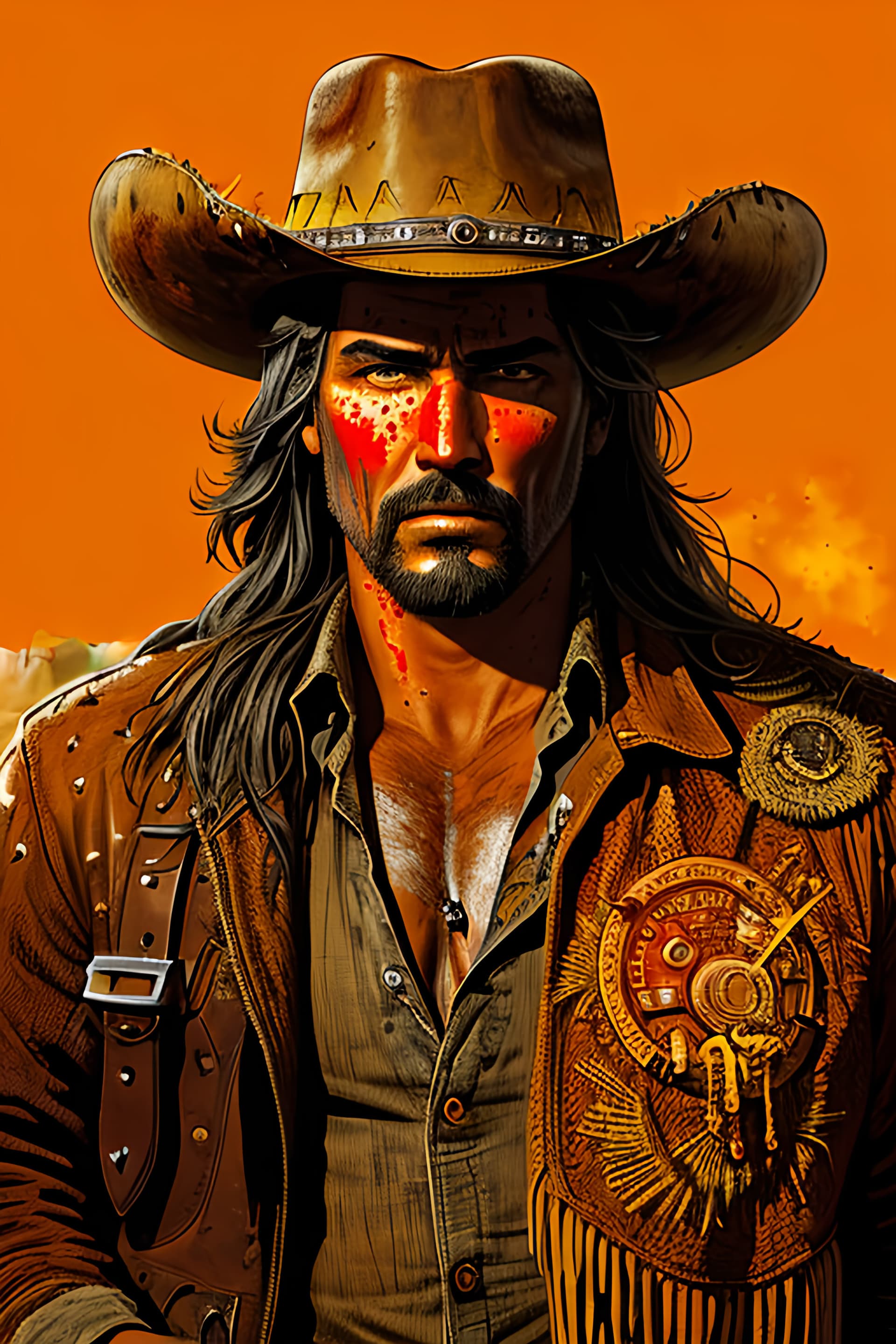 AI generated: A portrait of a retro spaghetti western style gunslinger in action pose, a dusty, desert landscape o...