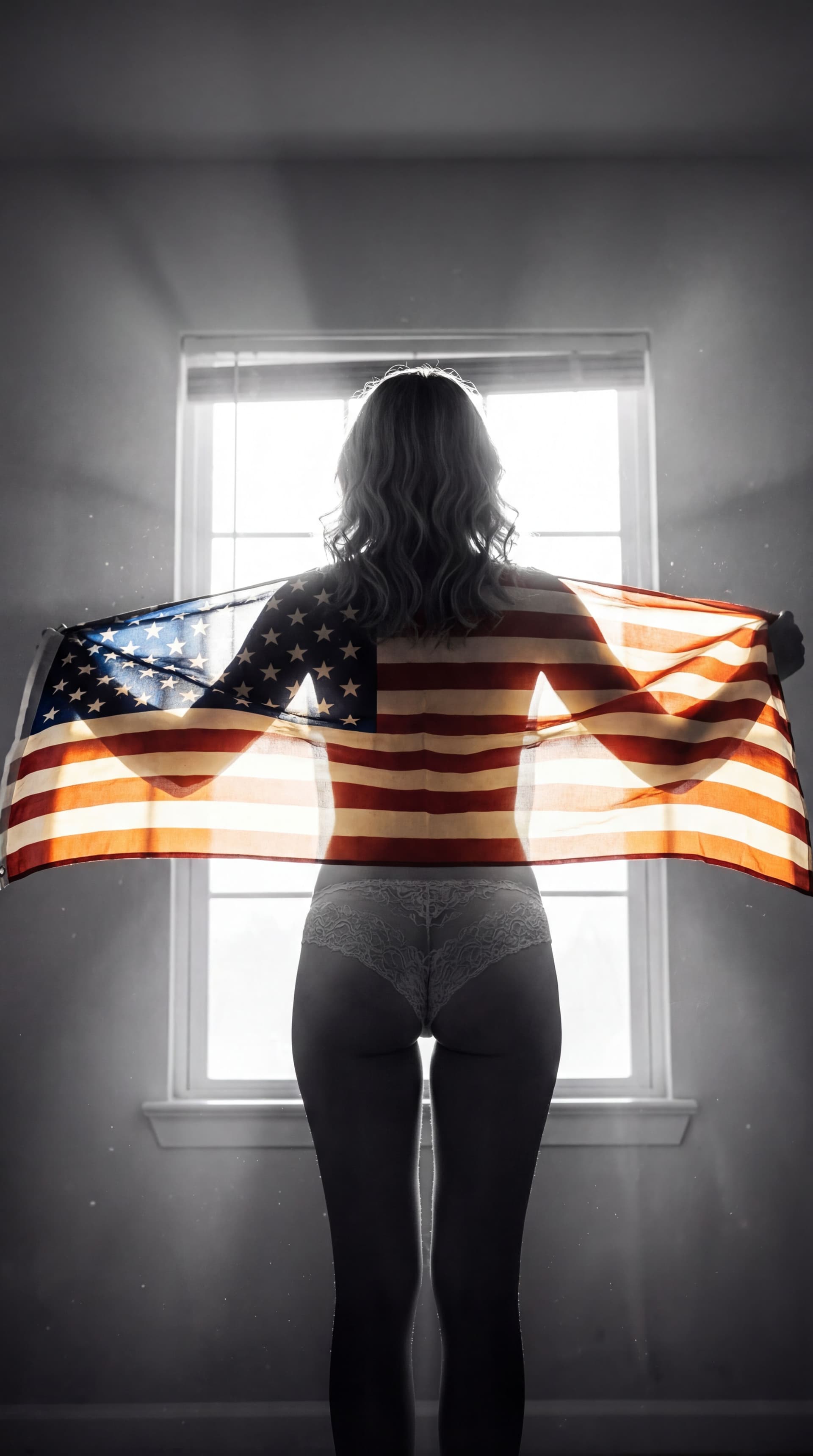 AI generated: A realistic backlit silhouette photograph of an American, fit and toned female model standing with h...