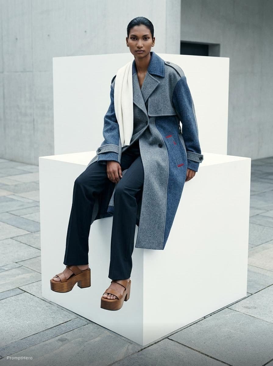 AI generated: a woman sitting on top of a white cube, official jil sander editorial, blue and grey tones, trending...