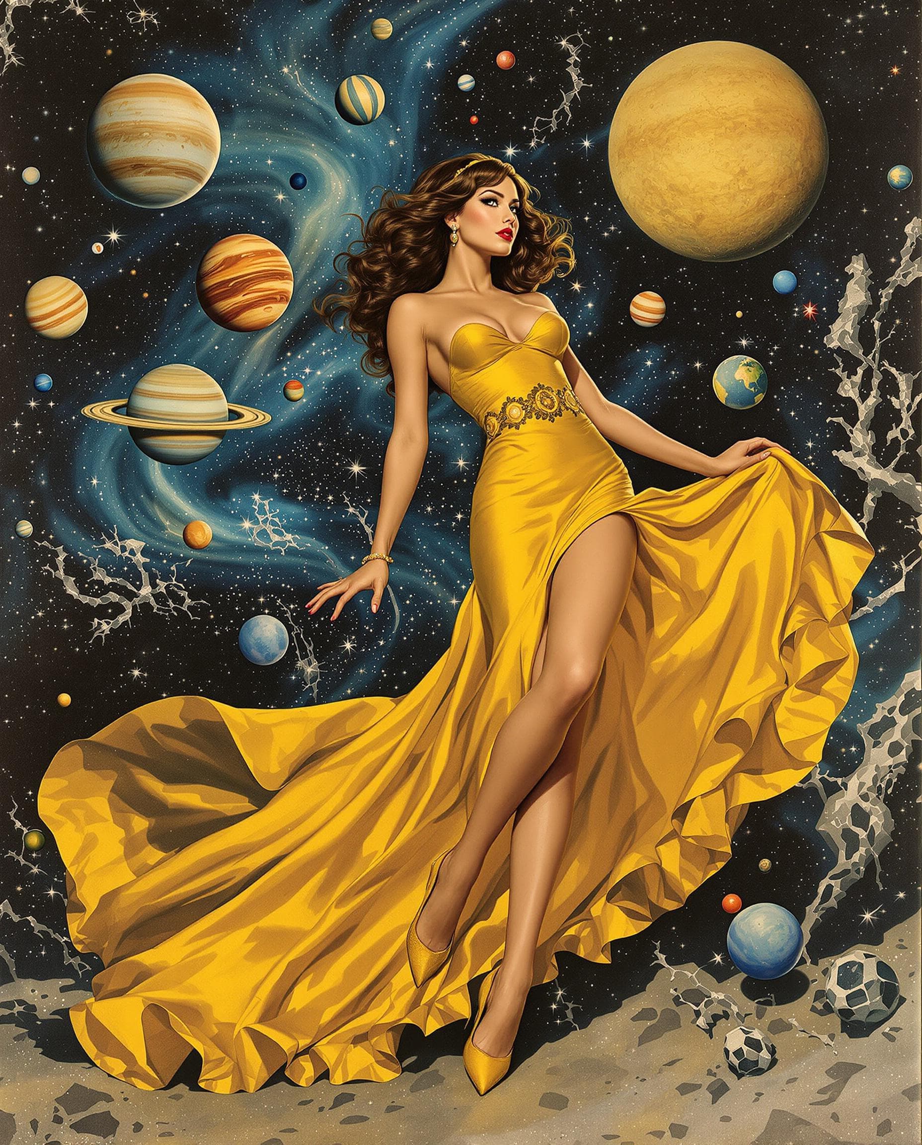 AI generated: a painting of a woman in a yellow dress, heavy metal comic cover art, space theme, pin-up girl, silv...