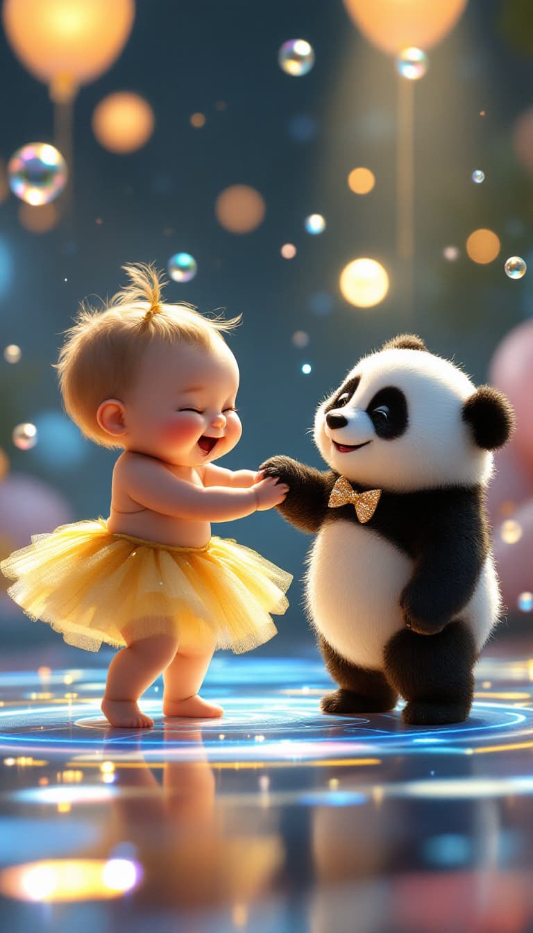 AI generated: A chubby baby (8-12 months old) in a fluffy yellow tutu, dancing hand-in-paw with a baby panda weari...