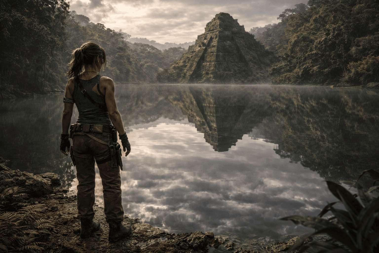 AI generated: A cinematic wide shot at ground level. Lara Croft (modern survival iteration), wearing her signature...