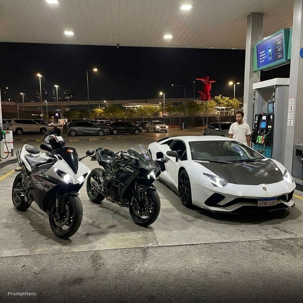 AI generated:  Merge them side by side in one real photo as standing side by side in Gas Station , make it exactly...
