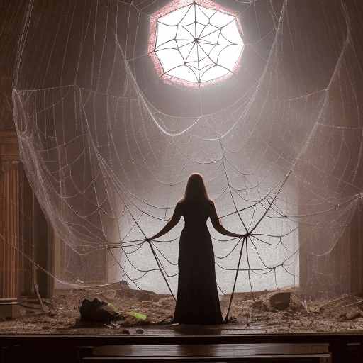 AI generated: an image of a woman caught in the center of a spiderweb. The spiderweb is situated in the middle of ...