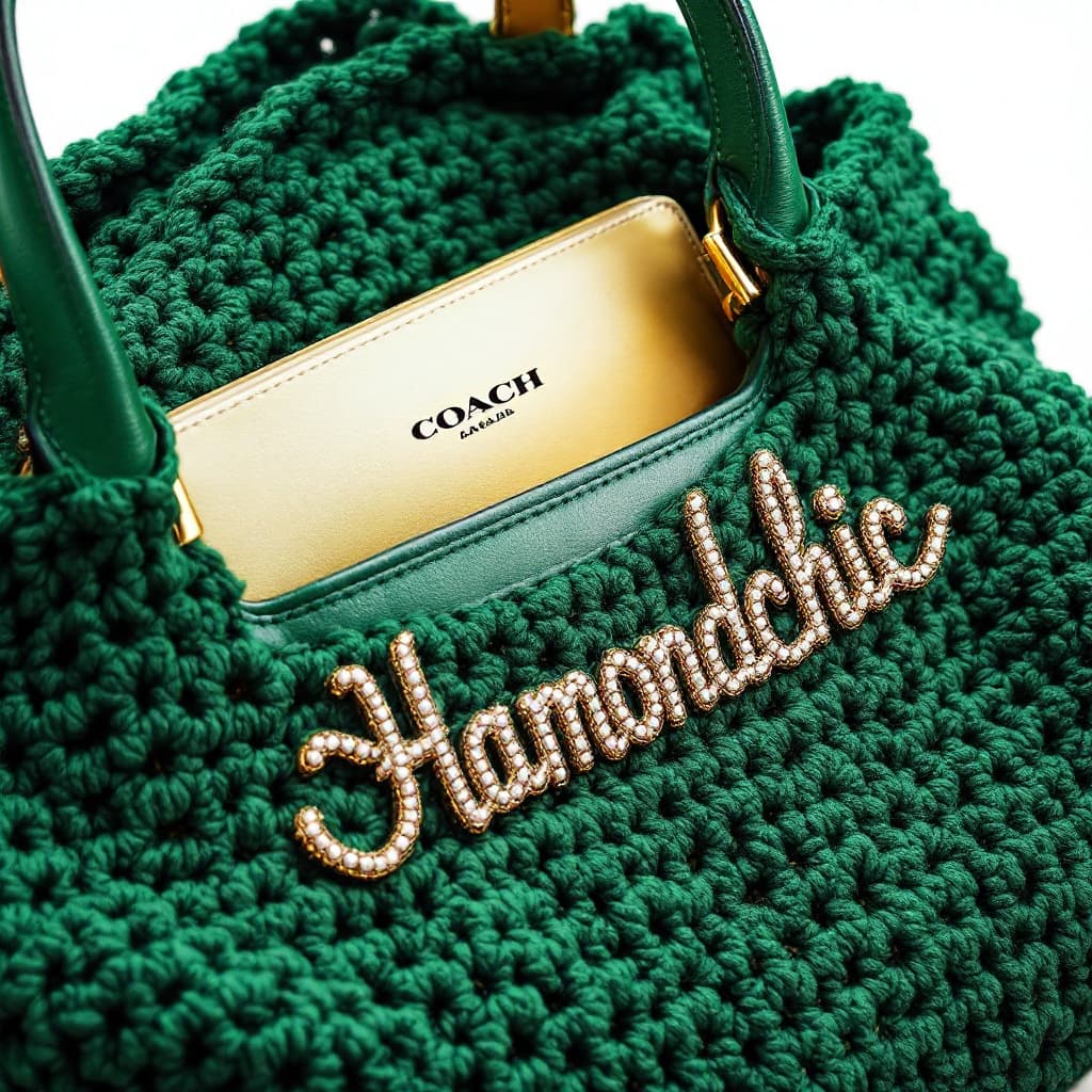 AI generated: Hyper realistic eye level exterior phUn sac au crochet élégant et raffiné, de couleur vert profond, ...