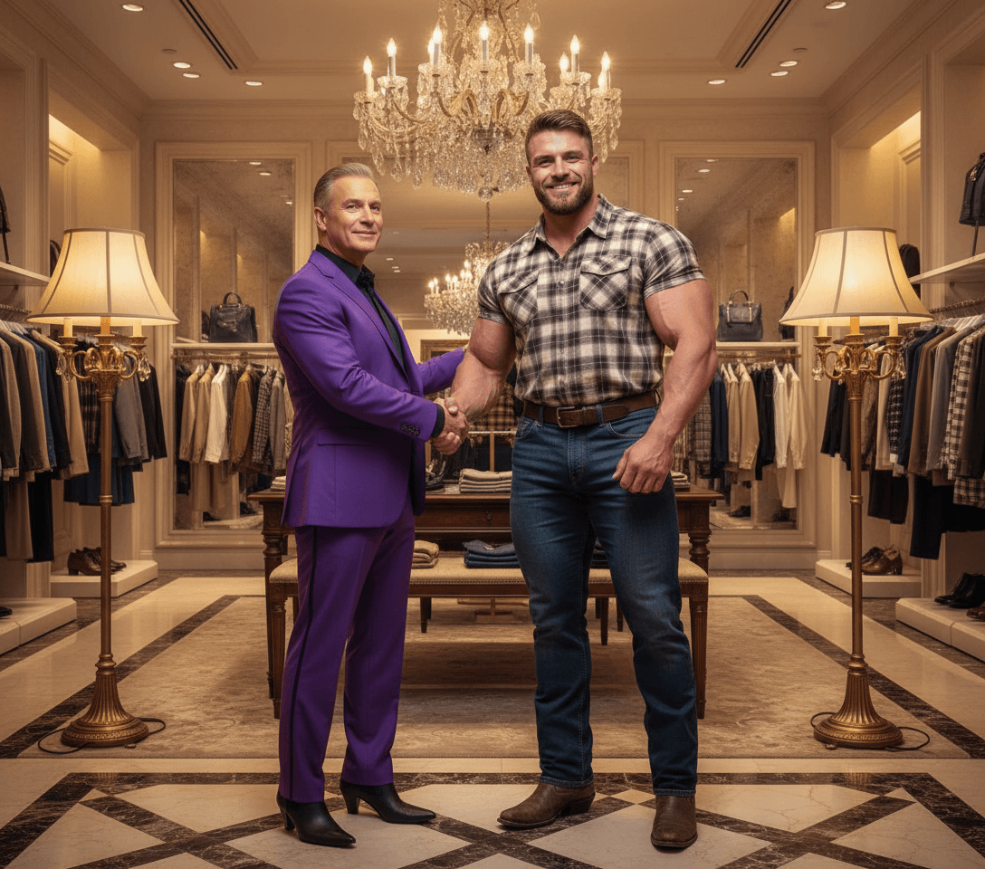 AI generated: At a very luxurious clothing department store. Chandelier and fancy floor lamps. 

The bodybuilder...