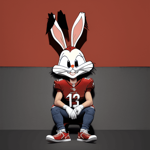 AI generated: bugs bunny who is next to a Arizona Cardinals helmet, wearing a Arizona Cardinals jersey and blue je...