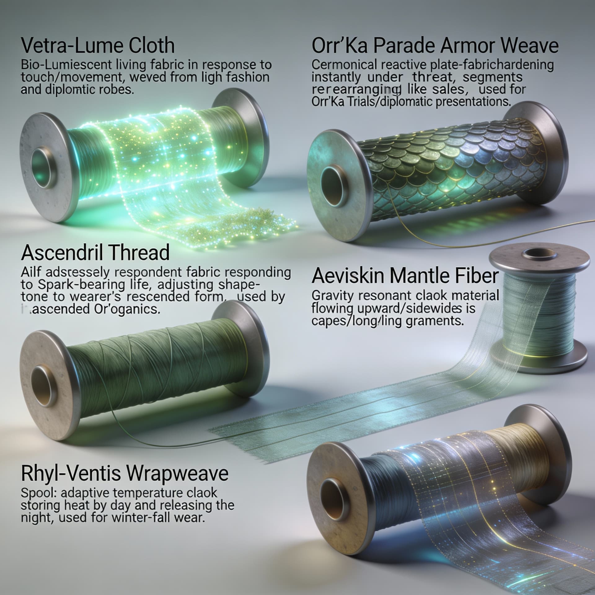 AI generated: Create spools of wire, thread, and linens for the creation of garments for futuristic clothing to a ...