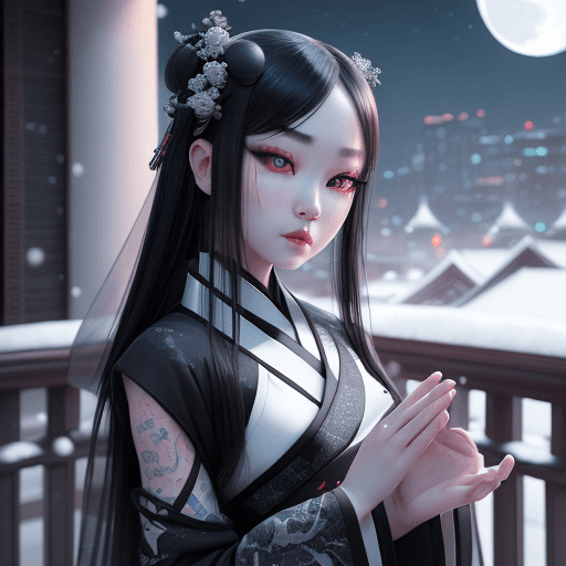 AI generated: Hyper-reveling waist up hands tattoo with hyperdimensional beautiful open mini black hanfu on a balc...