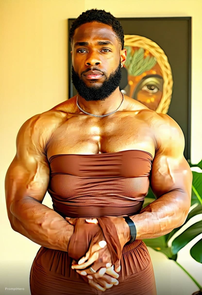 AI generated: A strong muscled Black man with serious facial expressions hugging her from behind, his arms are aro...
