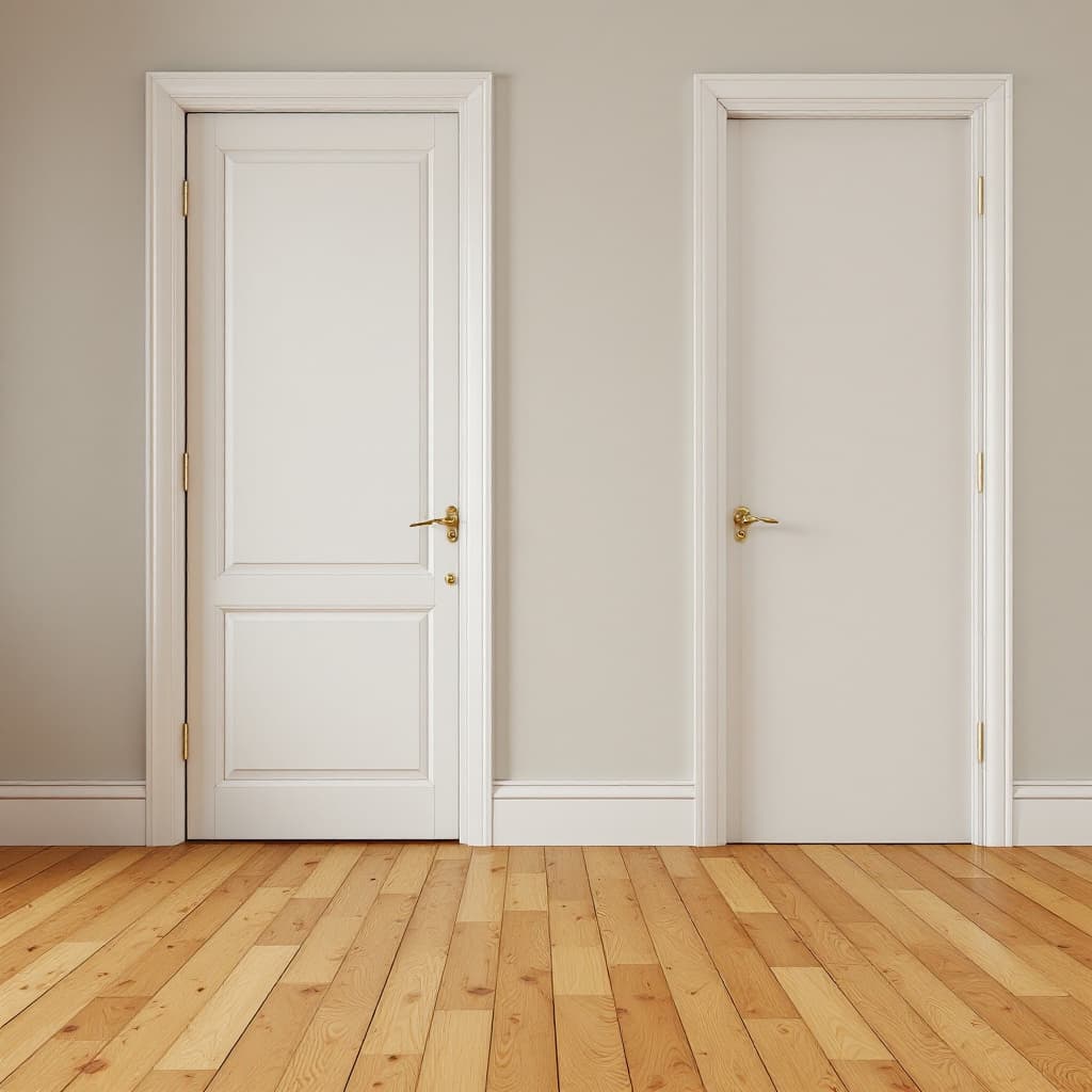 AI generated: The image shows a small interior space with warm-toned, wood laminate flooring featuring visible gra...