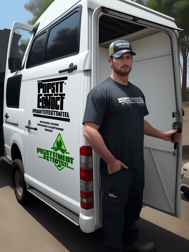 AI generated: Generate a photorealistic of a pest control exterminator standing next to his pest control van that ...