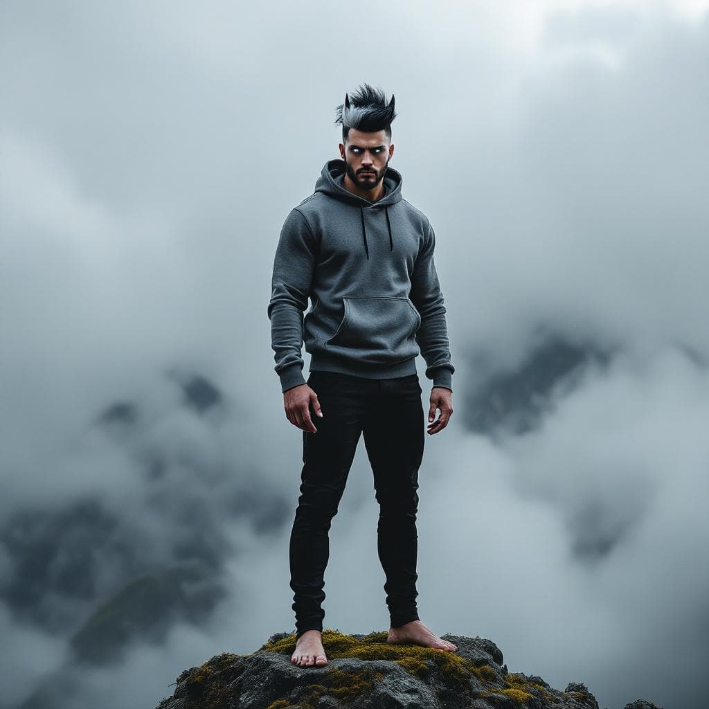 AI generated: A tall, muscular yet lean man stands barefoot on a moss-covered rock at the summit of a mountain ben...