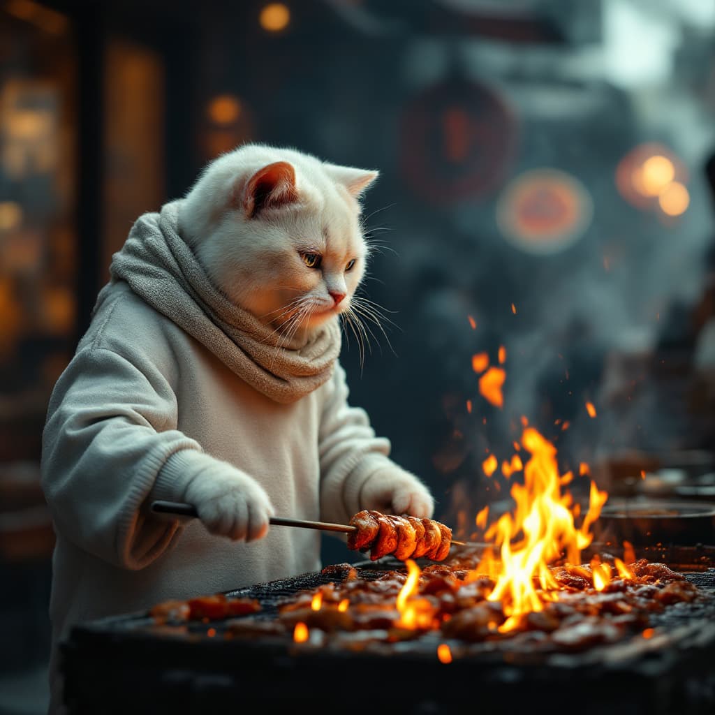 AI generated: Dramatic photo, panorama, full body, anthropomorphic real cute creamy cat, wearing old white sweatsh...