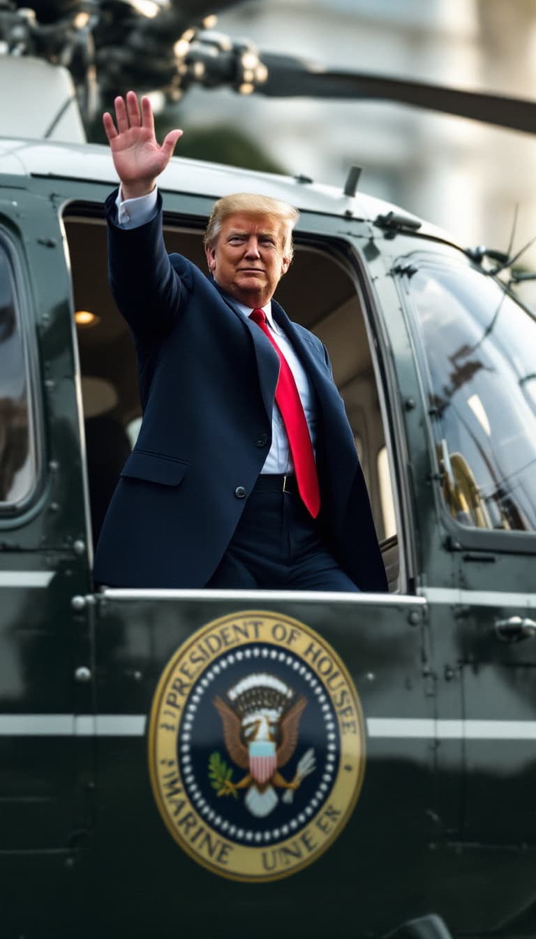 AI generated: realistic, ultra-detailed trump in his dark blue suit and red tie waving goodbye with both hands and...