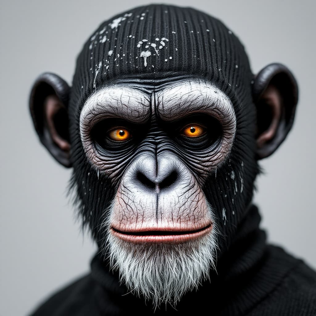 AI generated: a black ribbed knit skimask, 3 holes, painted flat chimpface on it in wet white paint
